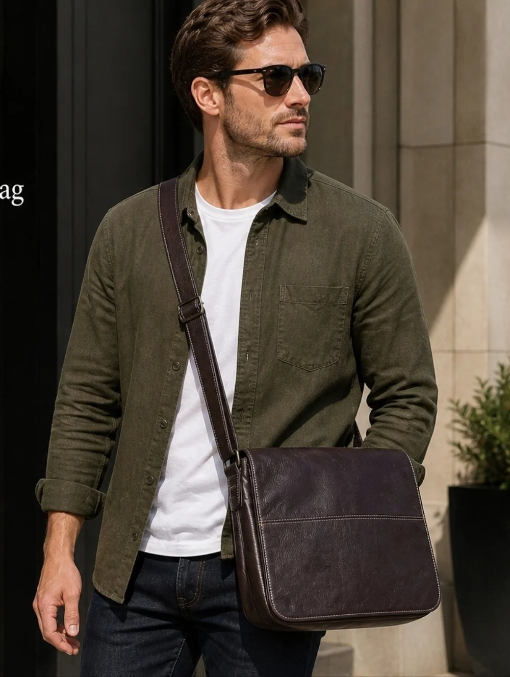 Dark Brown Genuine Leather Messenger Bag Crossbody Large Minimalist